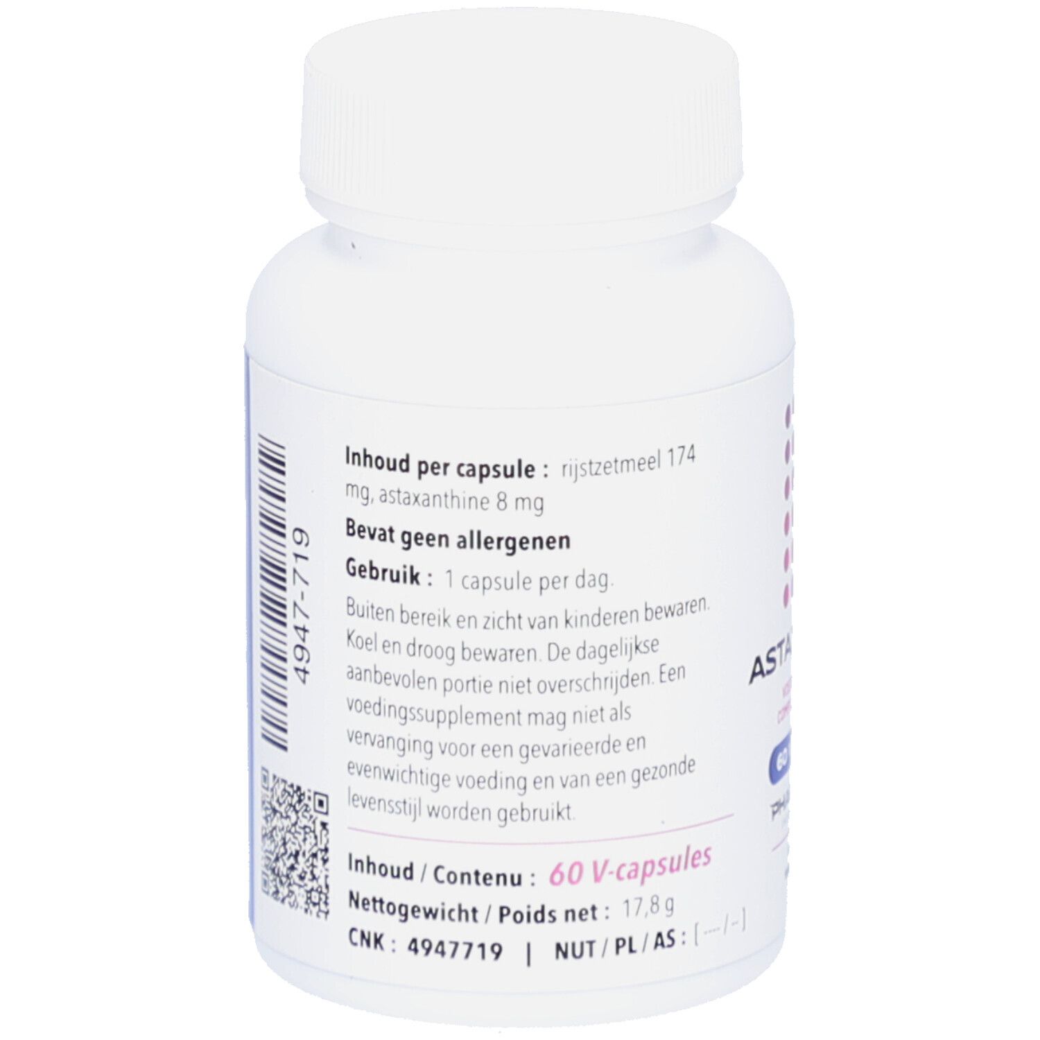 Dos de la bouteille blanche avec informations. Contient : 60 V-capsules, 17,8g. Ingrédients, mode d'emploi.