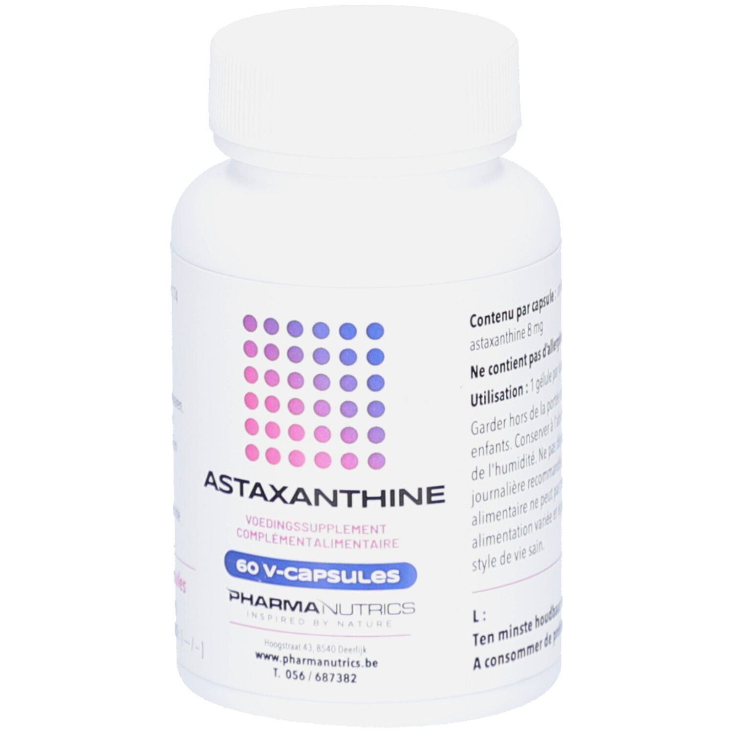 Flacon blanc de gélules d'Astaxanthine. Inscription : Astaxanthine, 60 V-capsules, Pharma Nutrics.