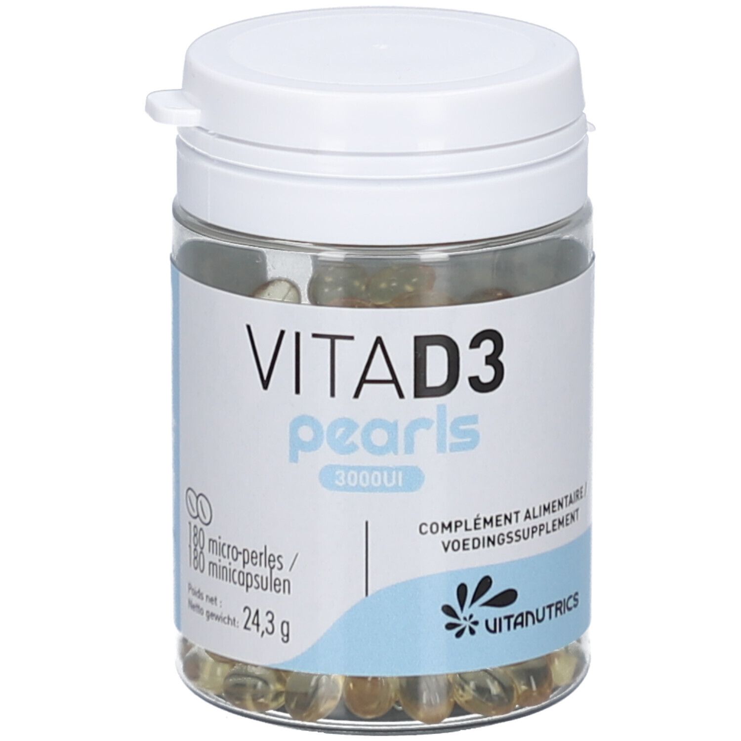 Transparante pot met witte deksel. Opschrift: VITA D3 pearls 3000UI. Bevat 180 capsules. Merk: Vitanutrics.