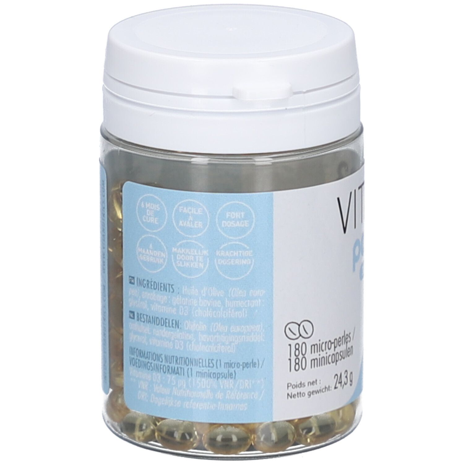 Achterkant van de pot met informatie. Bevat ingrediënten, voedingswaarde en gebruiksaanwijzing. Merk: Vitanutrics.