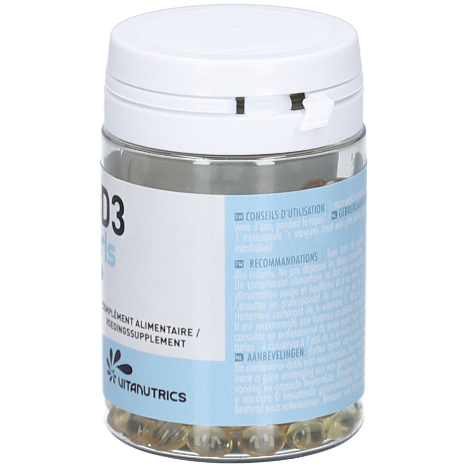 Pot met witte deksel. Opschrift: VITA D3 pearls 3000UI. Bevat 180 capsules. Merk: Vitanutrics. Aanbevelingen.