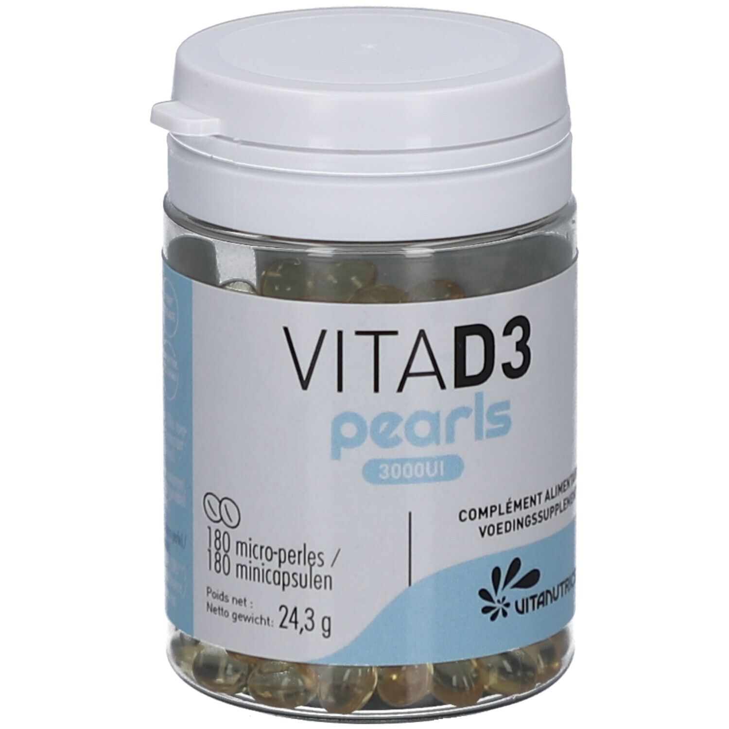 Transparante pot met witte deksel. Opschrift: VITA D3 pearls 3000UI. Bevat 180 capsules. Merk: Vitanutrics.