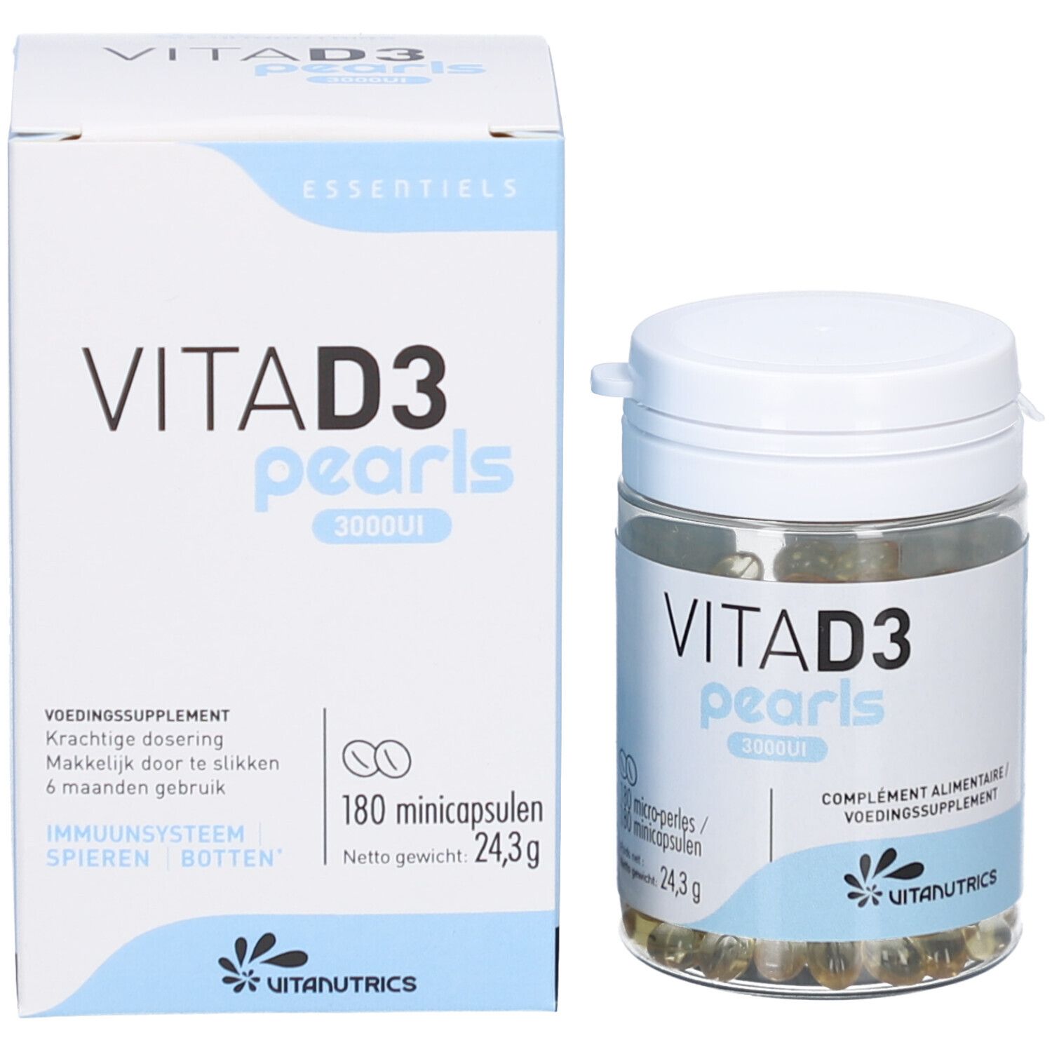 Verpakking en pot. Opschrift: VITA D3 pearls 3000UI. Bevat 180 capsules. Merk: Vitanutrics.