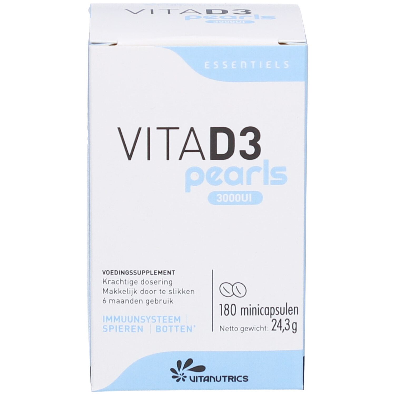 Productverpakking. Opschrift: VITA D3 pearls 3000UI. Bevat 180 capsules. Merk: Vitanutrics.