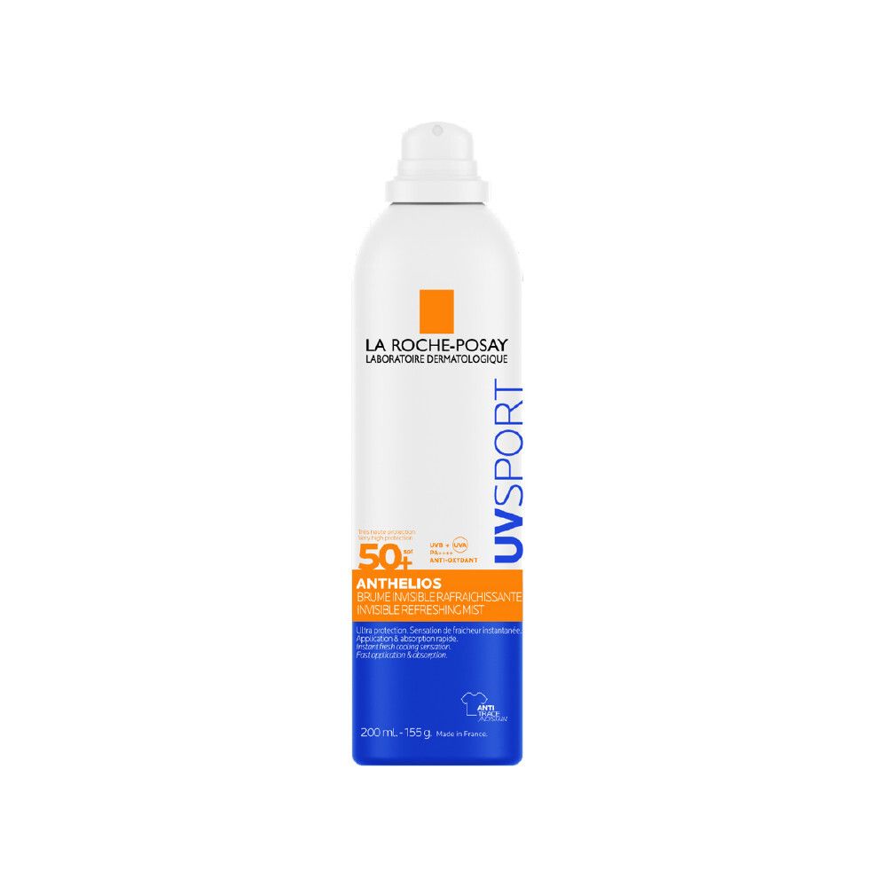 La Roche-Posay Anthelios UV Sport Brume SPF50+. Witte sprayfles met oranje accent. Blauwe tekst.
