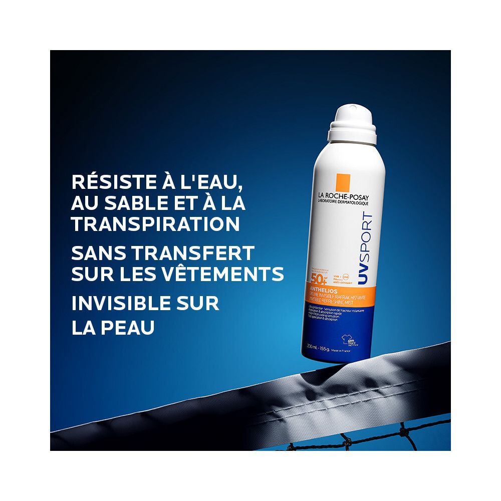 La Roche-Posay Anthelios UV Sport Brume SPF50+. Flacon sur fond bleu. Texte sur la résistance à l'eau.