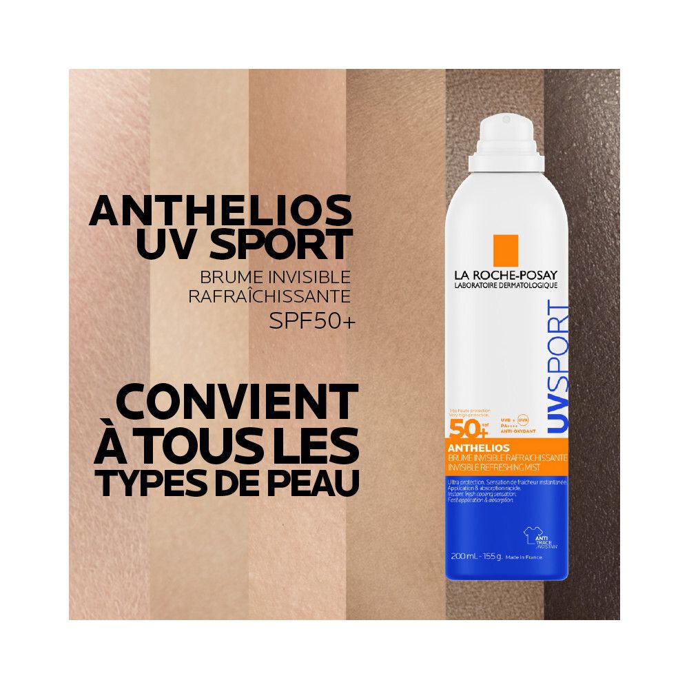 La Roche-Posay Anthelios UV Sport Brume SPF50+. Flacon devant des teintes de peau. Texte: Tous types de peau.