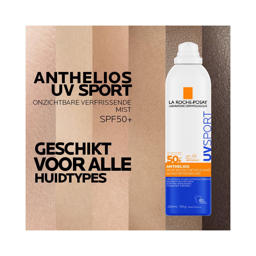 La Roche-Posay Anthelios UV Sport Brume SPF50+. Sprayfles voor huidtinten. Tekst: Geschikt voor alle huidtypes.