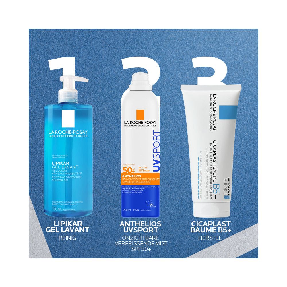 La Roche-Posay producten: Lipikar Gel Lavant, Anthelios UV Sport, Cicaplast Baume B5+. Tekst.