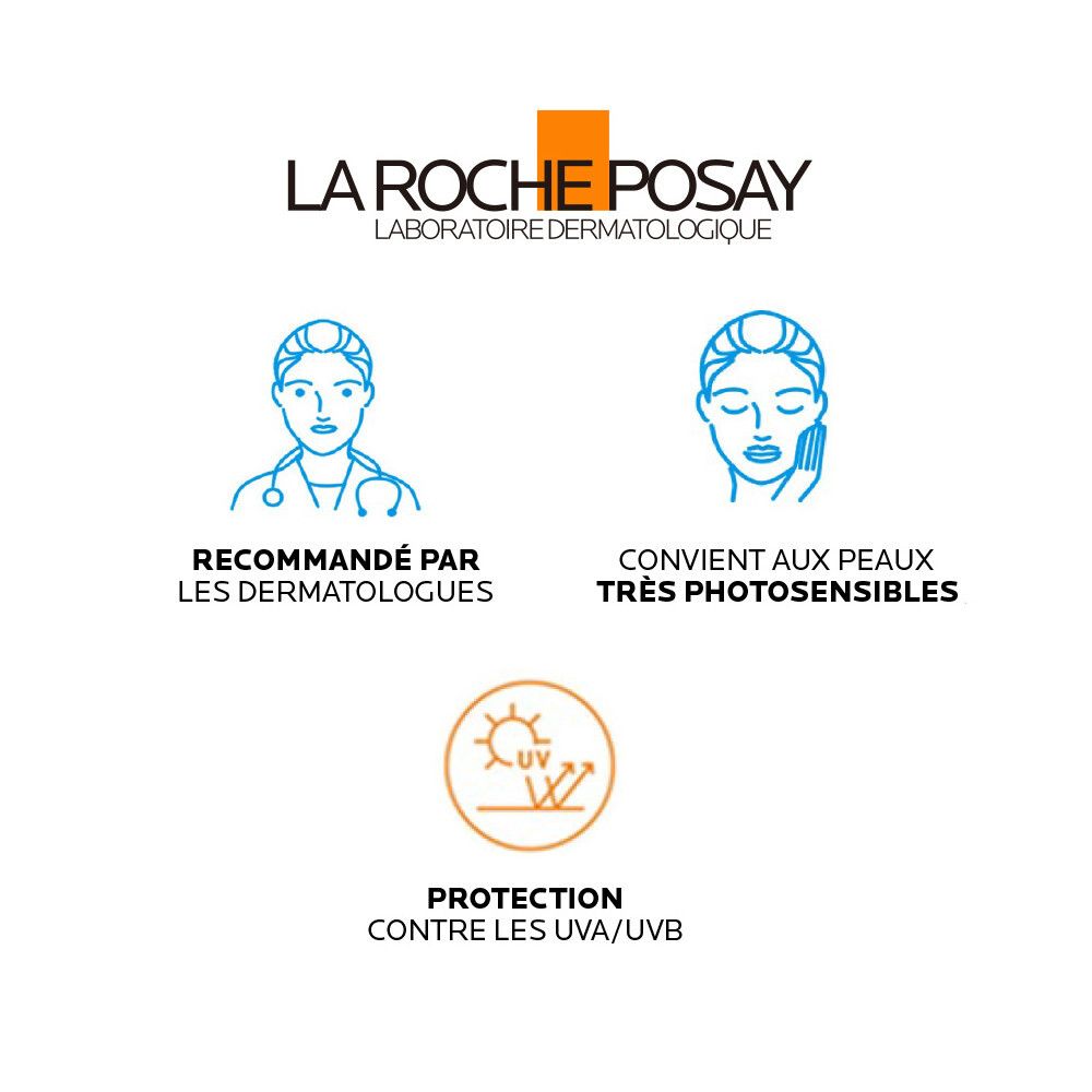 Logo La Roche-Posay. Texte: Recommandé par les dermatologues. Peaux très photosensibles.