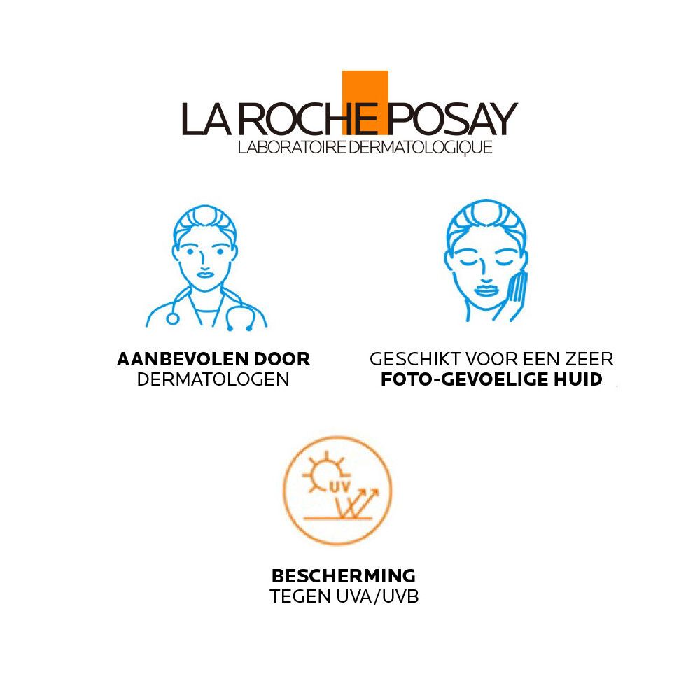 La Roche-Posay logo. Tekst: Aanbevolen door dermatologen. Geschikt voor een zeer foto-gevoelige huid.