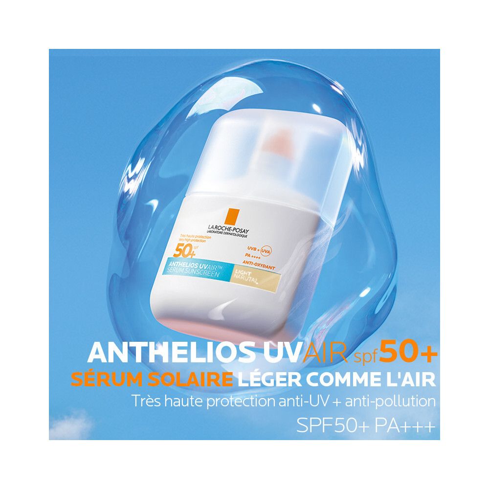 Anthelios UVAIR SPF50+ Sérum dans une bulle bleue. Texte : Sérum solaire léger comme l'air.