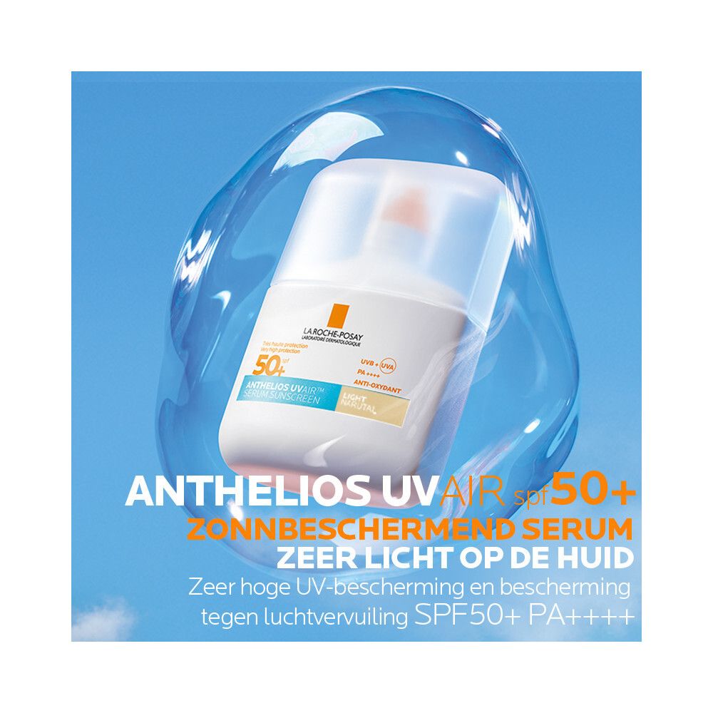 Anthelios UVAIR SPF50+ Serum in een blauwe bel. Tekst: Zonnebeschermend serum.