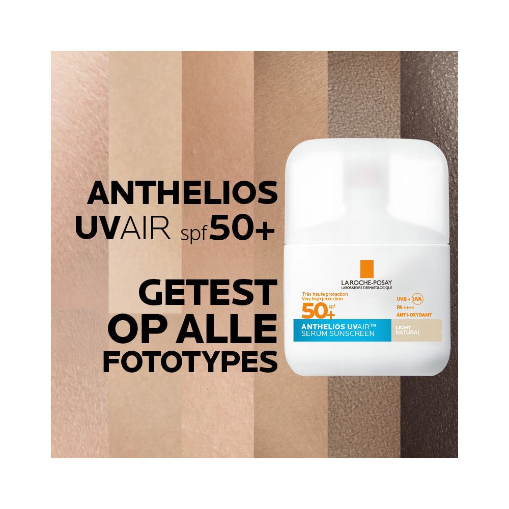 Anthelios UVAIR SPF50+ Serum naast tinten. Tekst: Getest op alle fototypes.