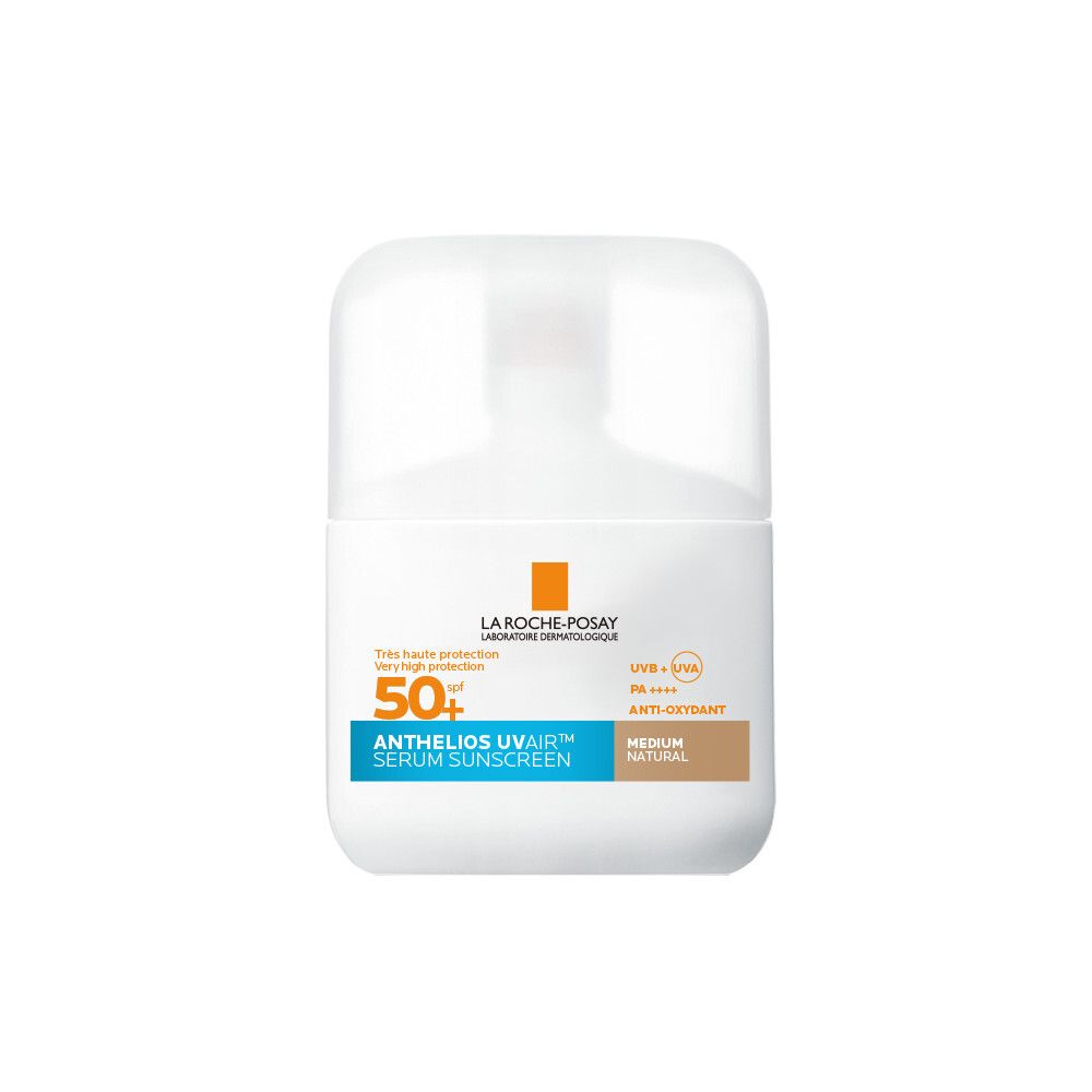 La Roche-Posay Anthelios UVAIR Serum Solaire SPF50+ Medium. Witte fles, oranje dop. Blauwe en bruine details.