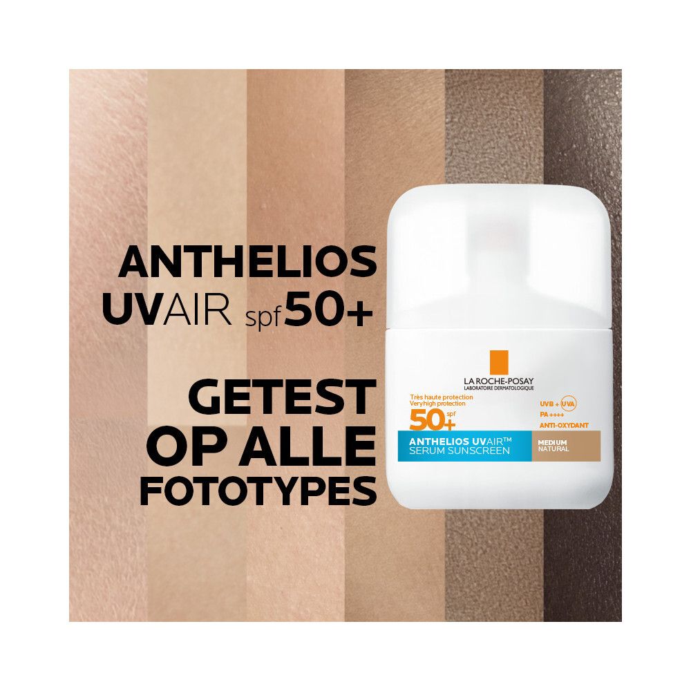 La Roche-Posay Anthelios UVAIR SPF50+ Serum Sunscreen. Product naast tinten. Tekst: Getest op alle huidtypes.