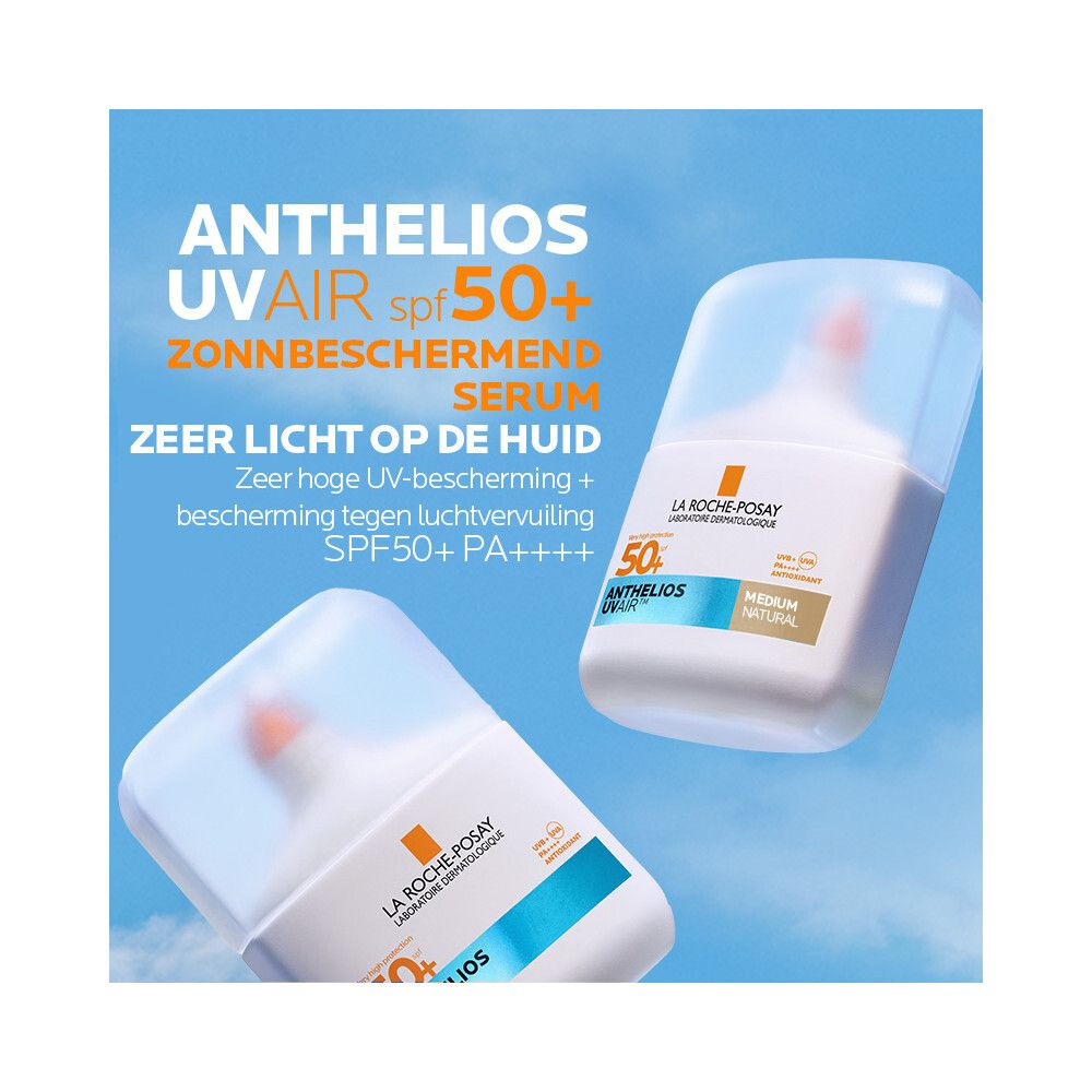 Twee La Roche-Posay Anthelios UVAIR SPF50+ Serum Sunscreen flessen. Product met blauwe en bruine details.