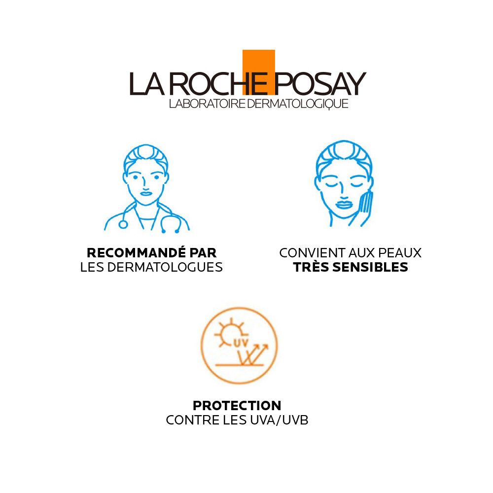 Logo La Roche-Posay. Texte : Recommandé par les dermatologues. Convient aux peaux très sensibles. Protection UVA/UVB.