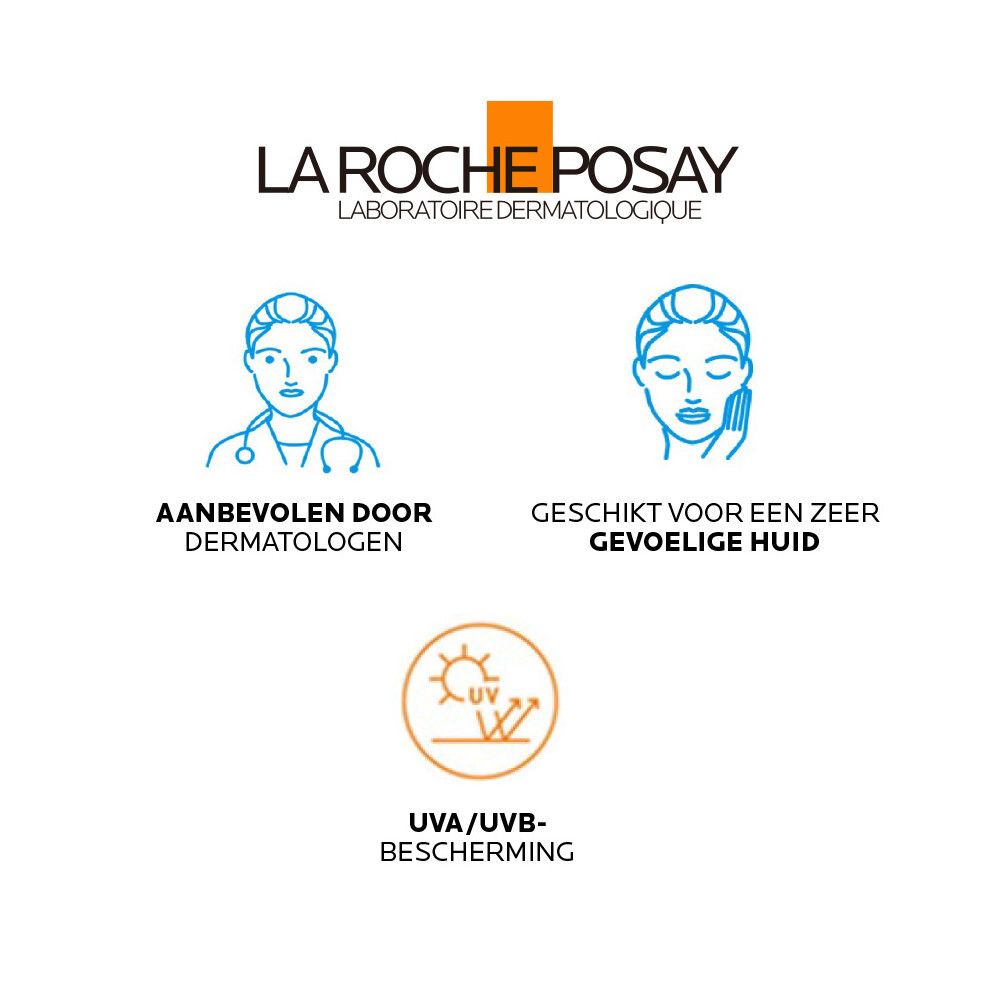 Logo La Roche-Posay. Tekst: Aanbevolen door dermatologen. Geschikt voor een zeer gevoelige huid. UVA/UVB-bescherming.