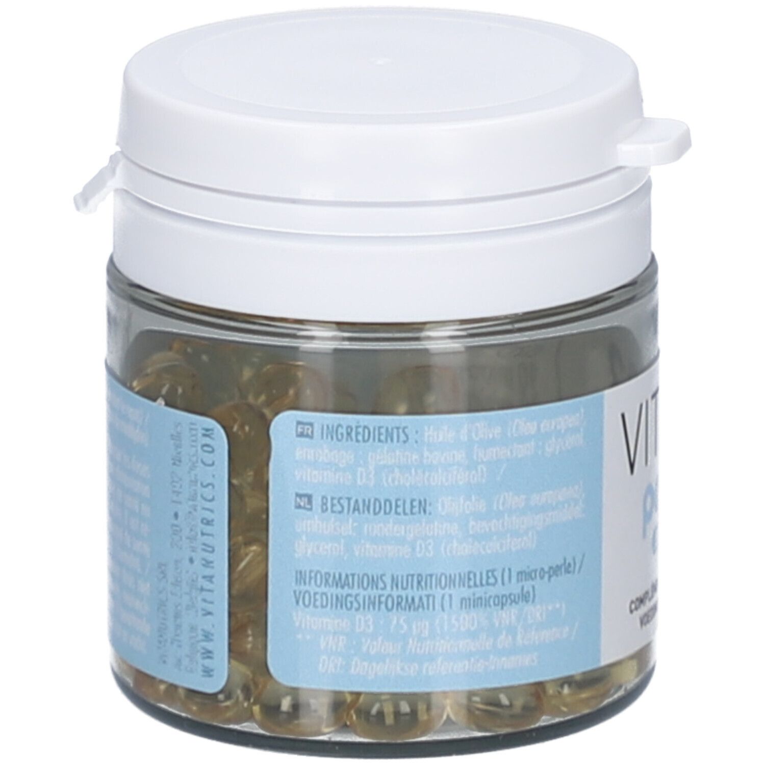 Glazen pot met witte deksel. Bevat gelige parels. Etiket met ingrediënten en voedingswaarde. Vitanutrics logo.