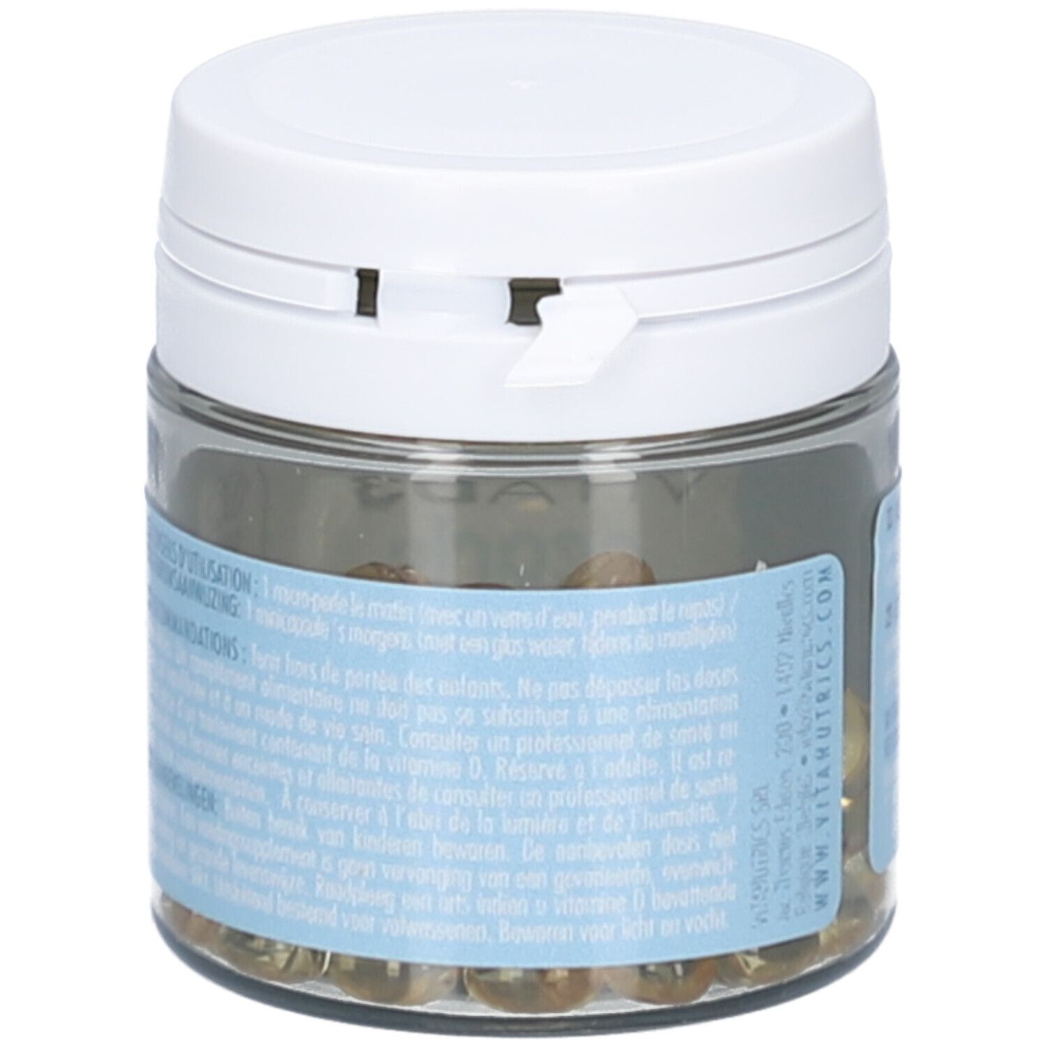 Glazen pot met witte deksel. Bevat gelige parels. Etiket met gebruiksaanwijzing en waarschuwingen. Vitanutrics logo.