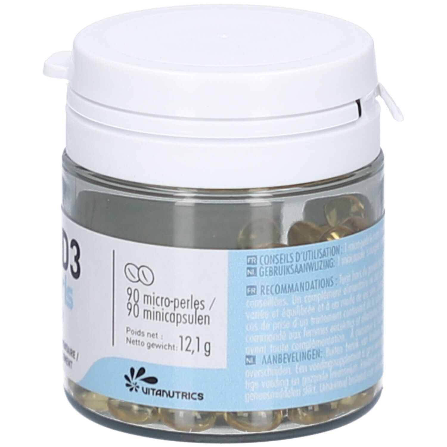 Glazen pot met witte deksel. Bevat gelige parels. Etiket met tekst: 90 micro-parels. Nettogewicht 12,1g. Vitanutrics logo.