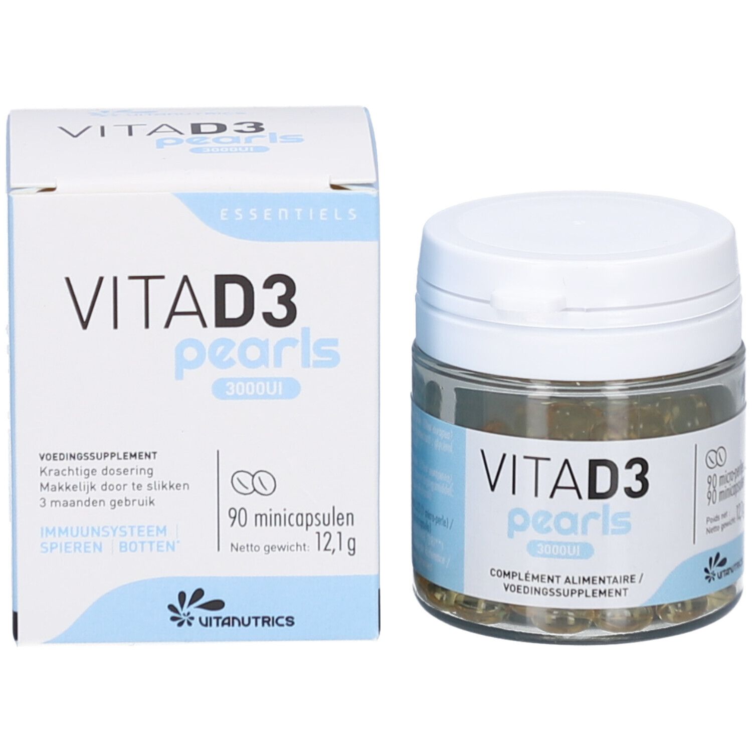 Productverpakking en glazen pot. Witte doos met tekst: VITA D3 pearls 3000UI. 90 Minicapsules. Pot met parels.
