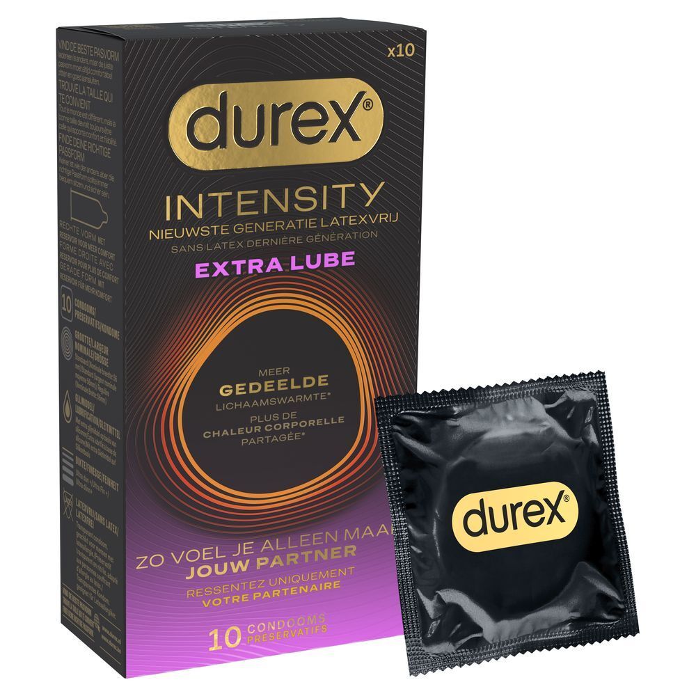 Boîte de préservatifs Durex Intensity, 10 unités. Face avant avec caractéristiques produit.