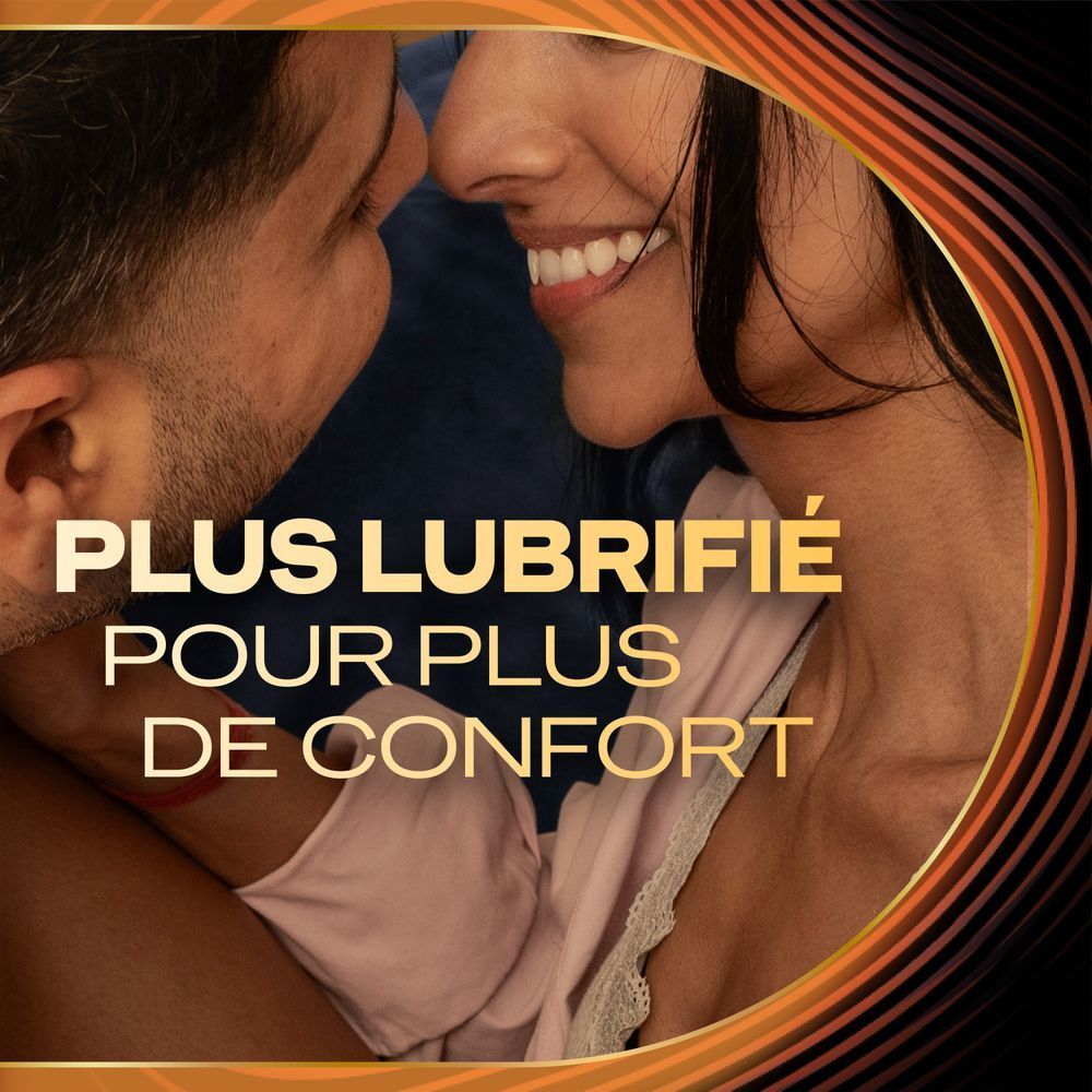Boîte de préservatifs Durex Intensity, 10 unités. Face avant avec caractéristiques produit.