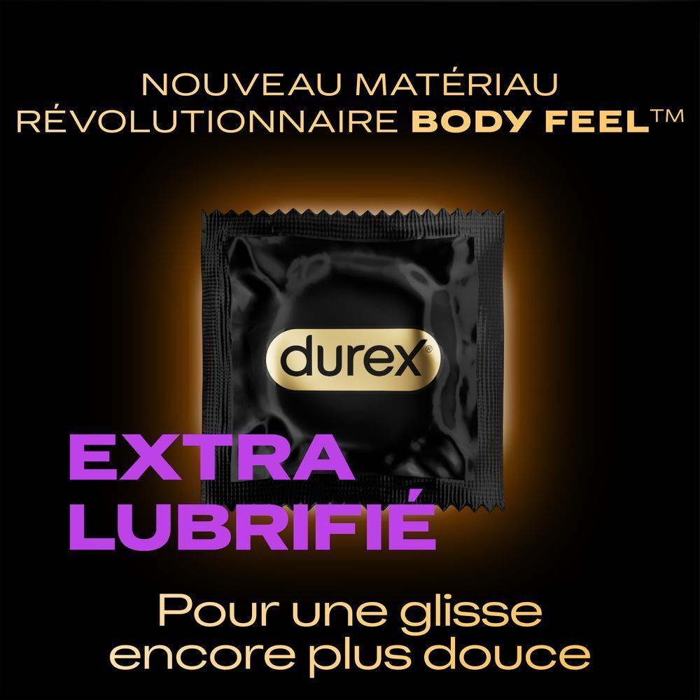 Boîte de préservatifs Durex Intensity, 10 unités. Face avant avec caractéristiques et quantité.