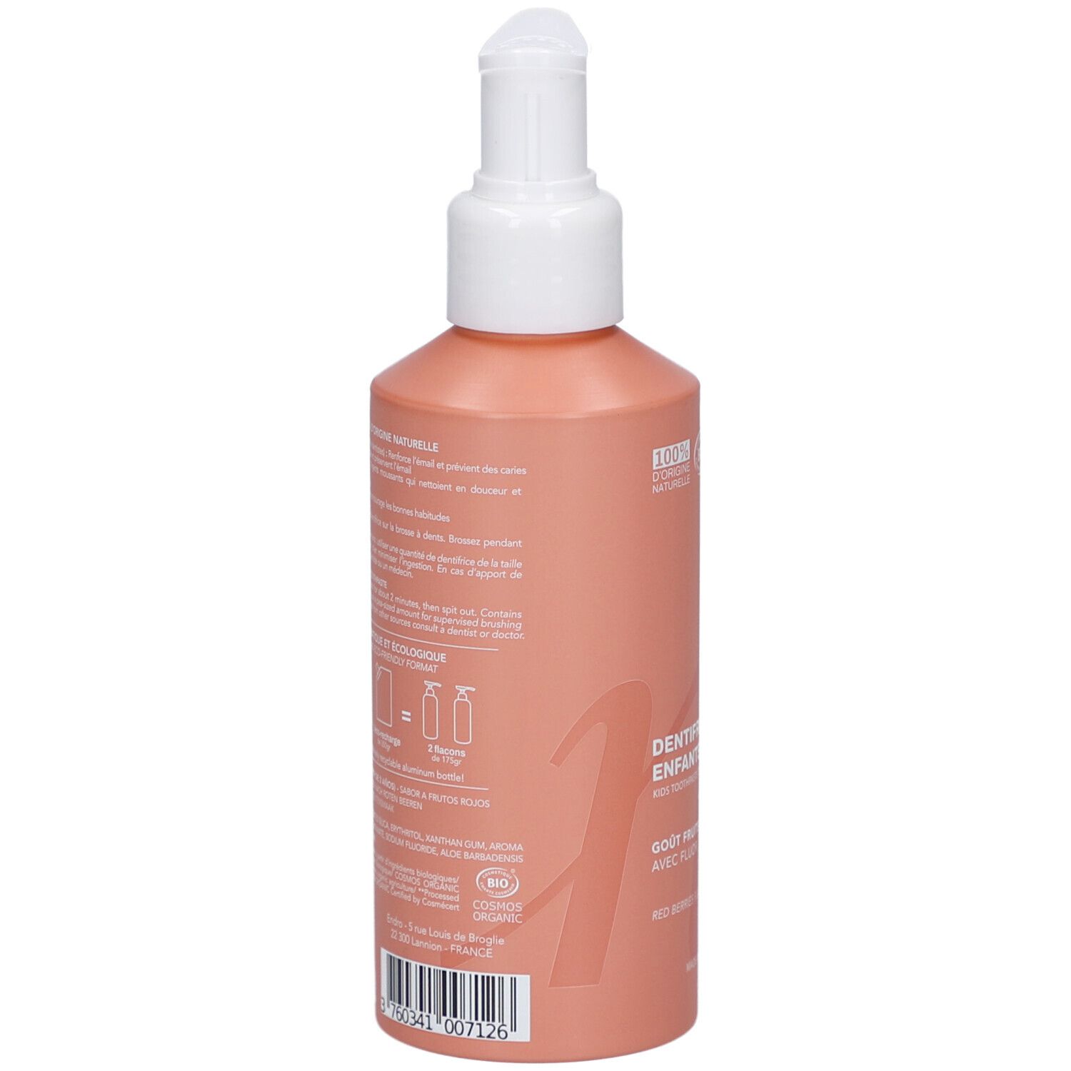 Achterkant van de rode tandpasta fles met tekst. Bio-certificering. Barcode en QR-code. Informatie over ingrediënten.