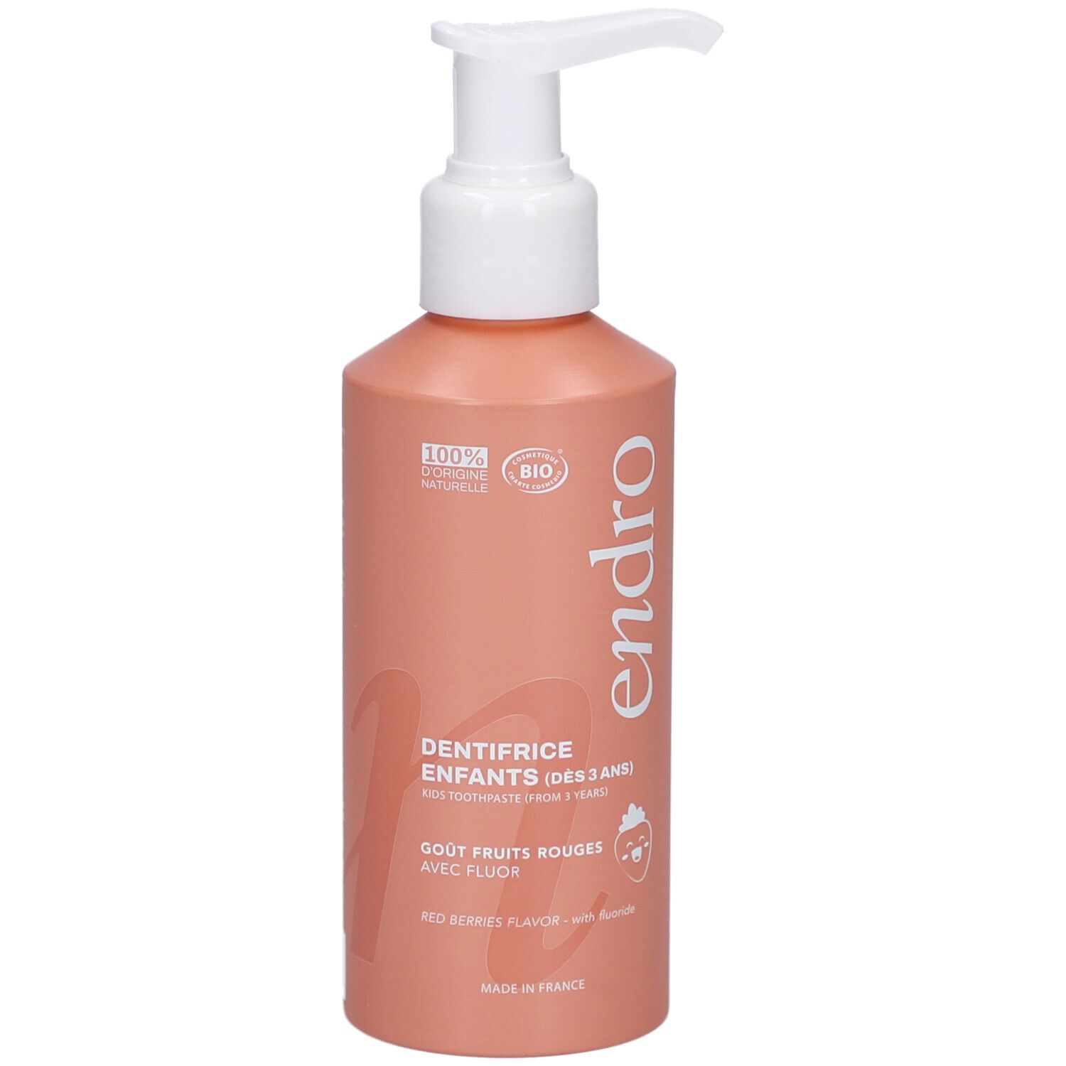 Rode tandpasta fles met witte pomp. Opschrift: endro, Dentifrice Enfants, Gout Fruits Rouges, avec Fluor. Bio-certificering.