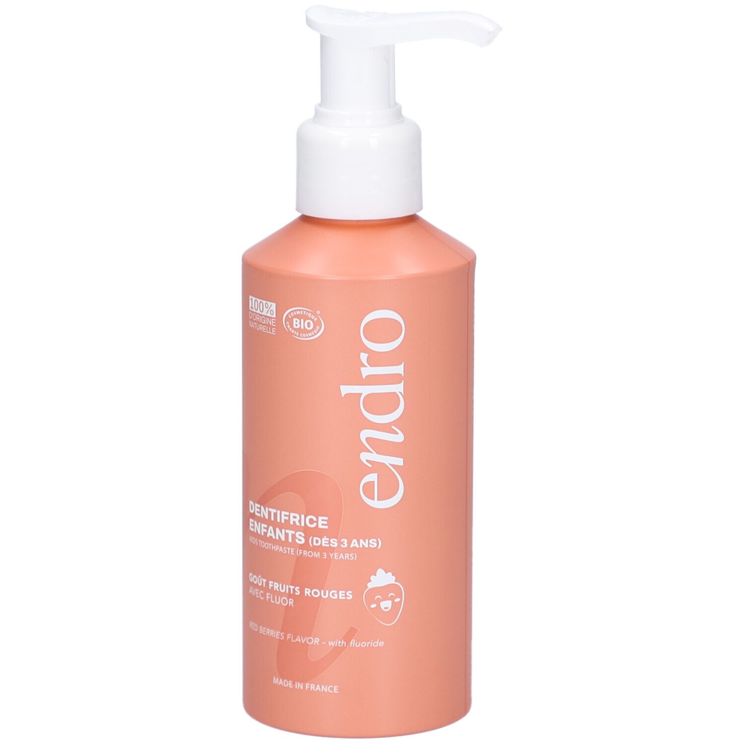 Rode tandpasta fles met witte pomp. Opschrift: endro, Dentifrice Enfants, Gout Fruits Rouges, avec Fluor. Bio-certificering.