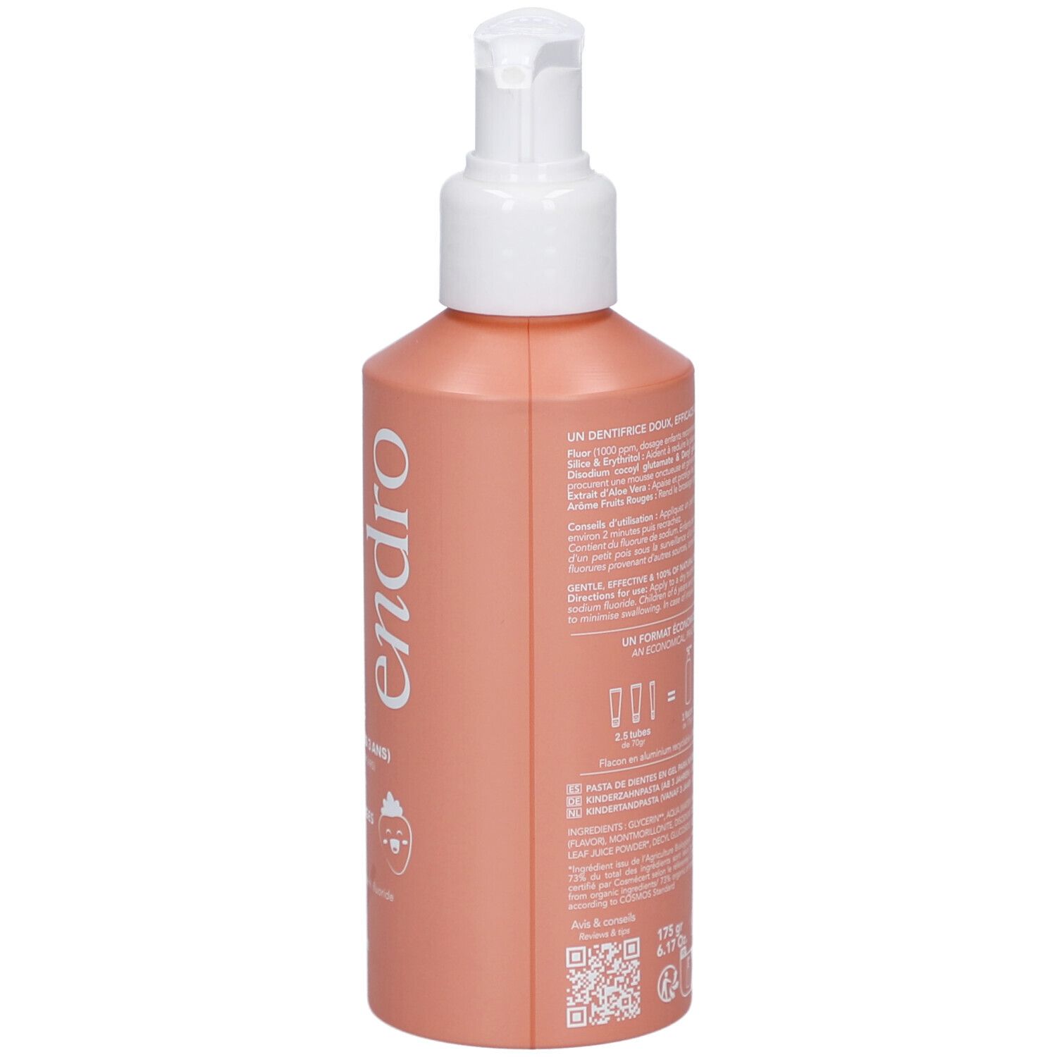 Achterkant van de rode tandpasta fles met tekst. Opschrift: endro, Dentifrice Enfants, Gout Fruits Rouges, avec Fluor. Bio-certificering.
