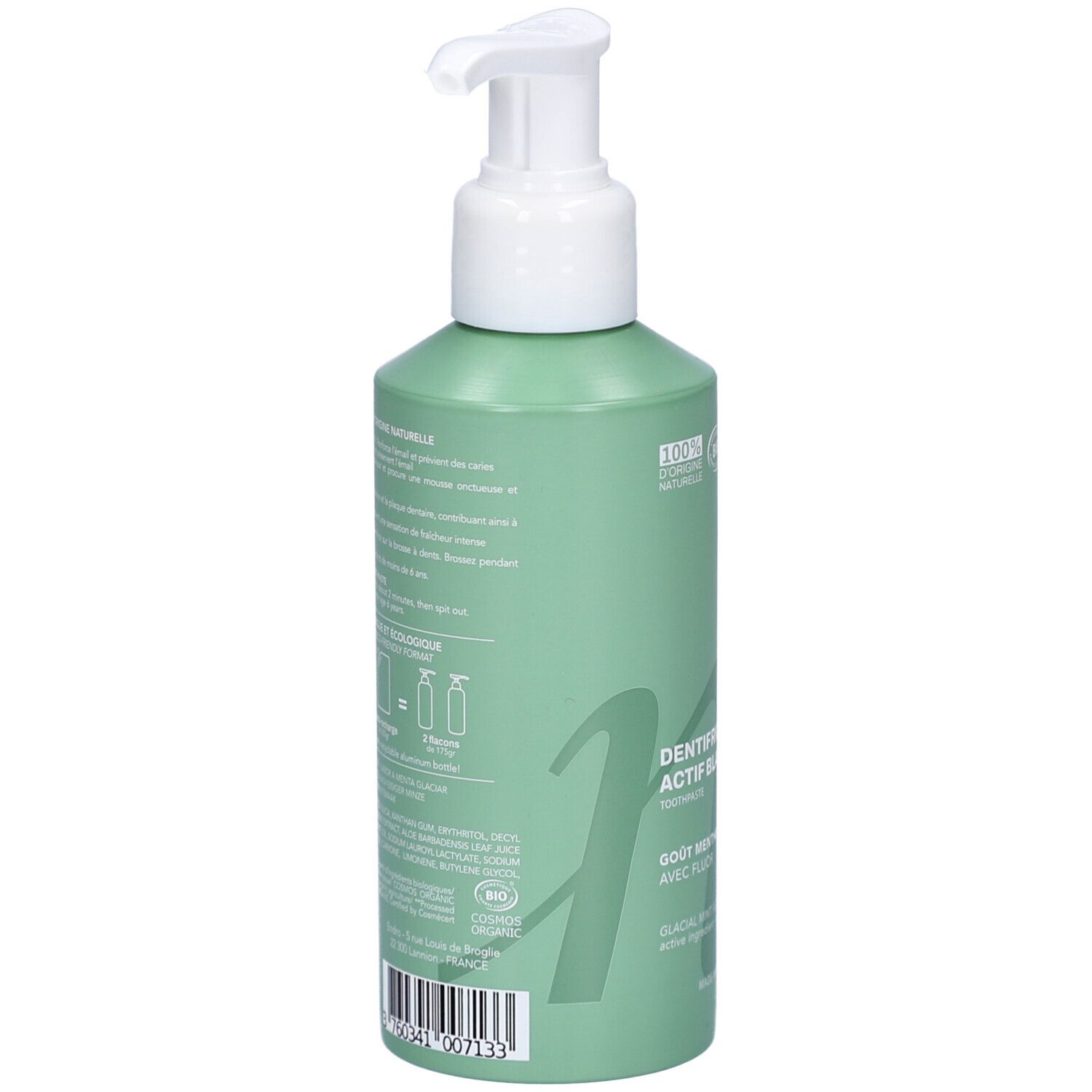 Achterkant van de groene fles. Tekstinformatie, inclusief ingrediënten en instructies. Bio-certificering en barcode.