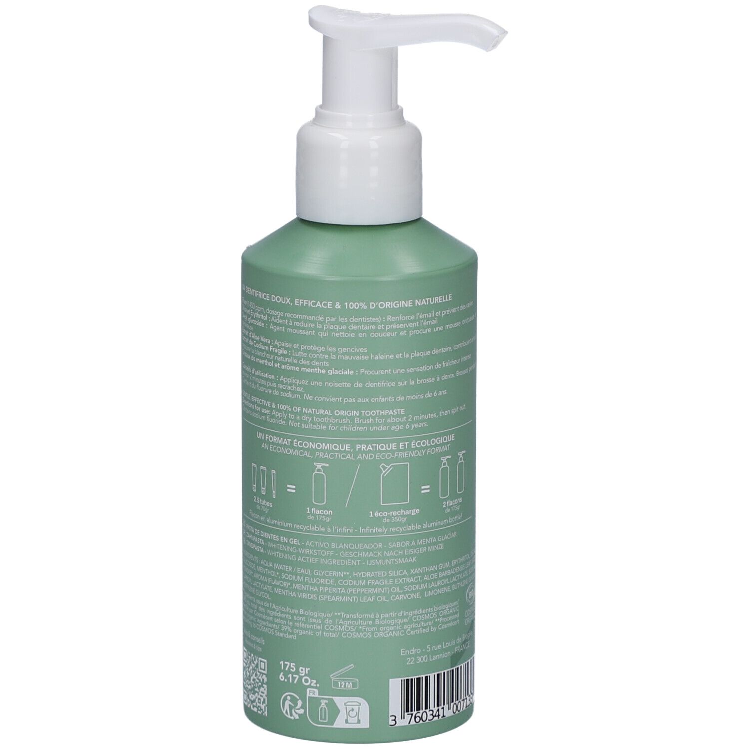 Achterkant van de groene fles. Tekstinformatie, ingrediënten, instructies. Gewicht 175g. Bio-certificering.