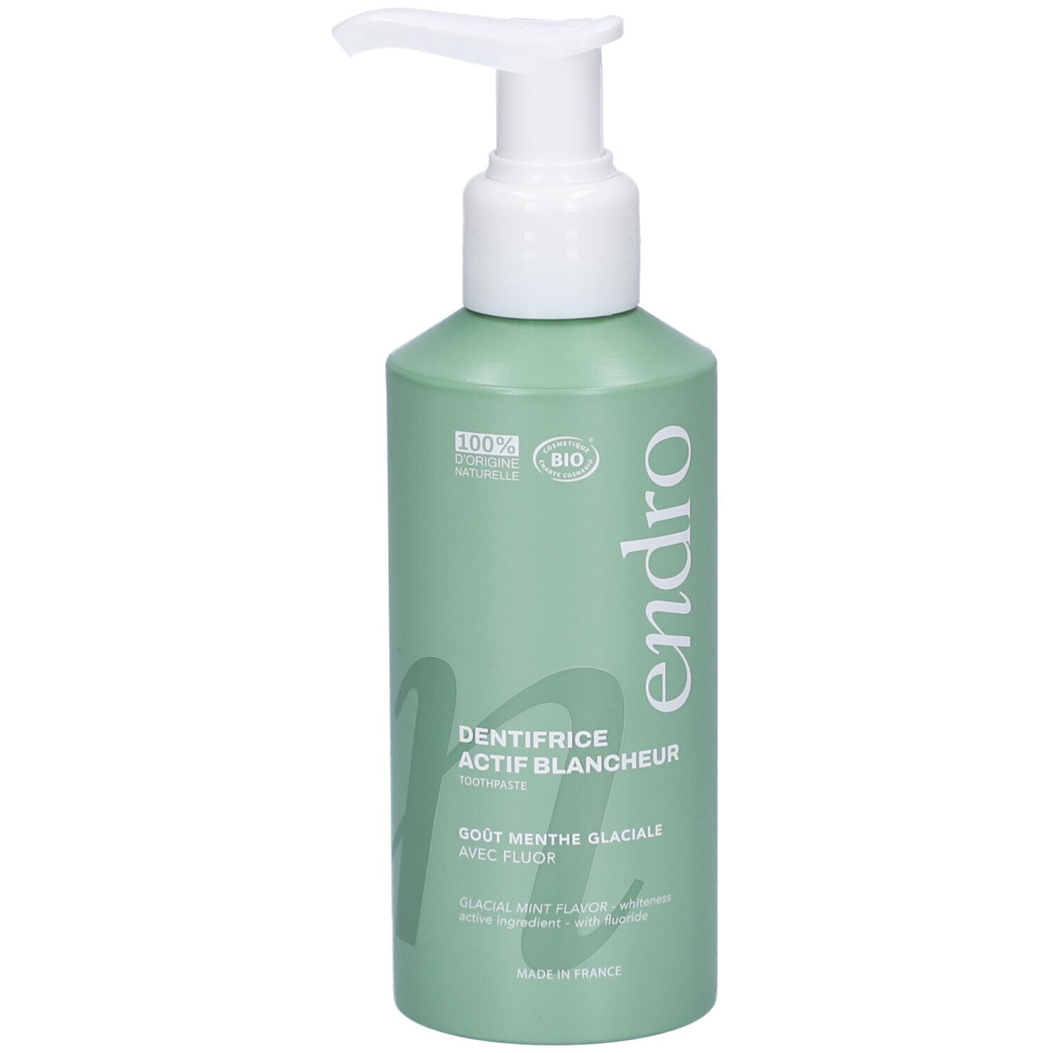 Groene fles met witte pomp. Opschrift: Endro, Dentifrice Actif Blancheur, Goût Menthe Glaciale. Bio-certificering.