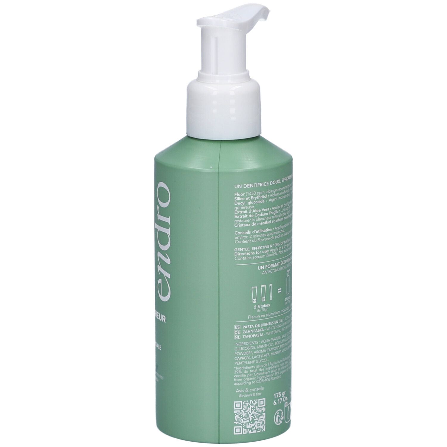 Achterkant van de groene fles. Tekstinformatie, ingrediënten, instructies. Bio-certificering en QR-code.