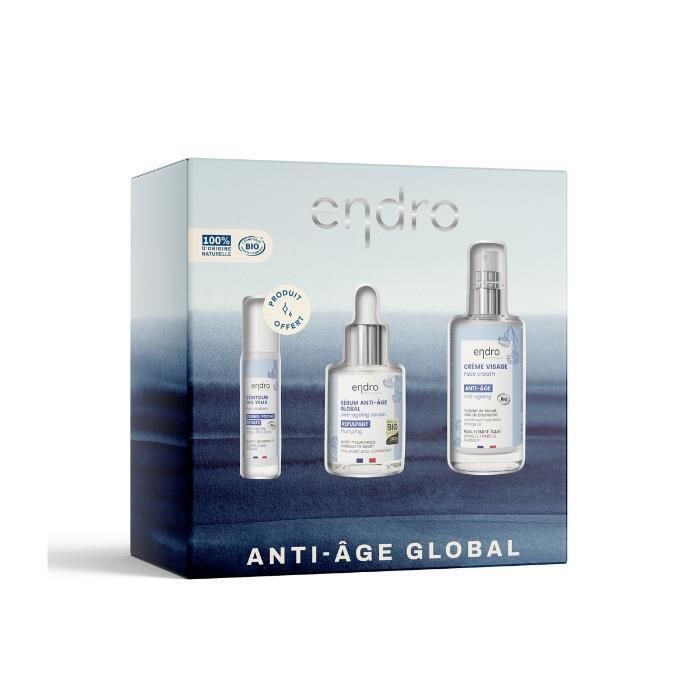 Coffret Endro avec trois produits: soin des yeux, sérum et crème. Emballage avec logo et noms des produits.