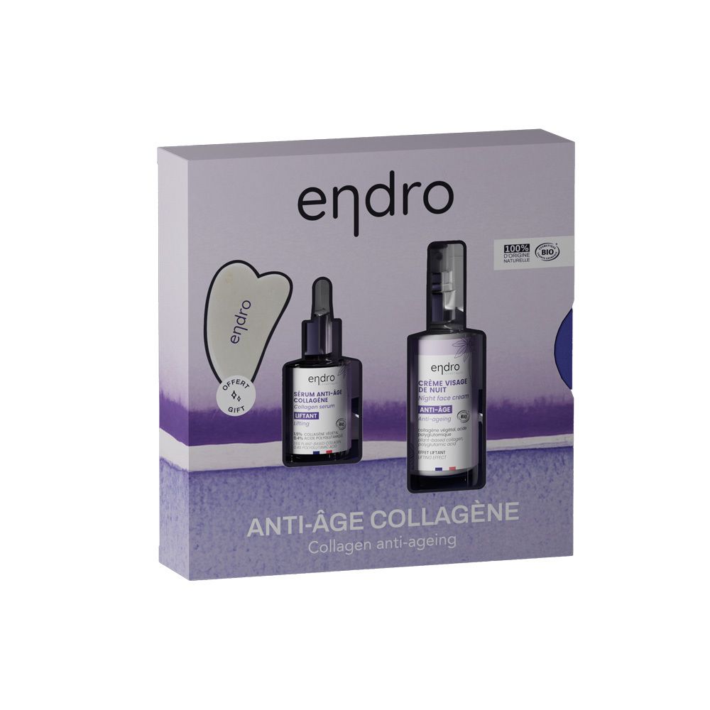 Cadeauset met serum, nachtcrème en Gua Sha. Verpakking met productnaam en logo. Bio-certificering.
