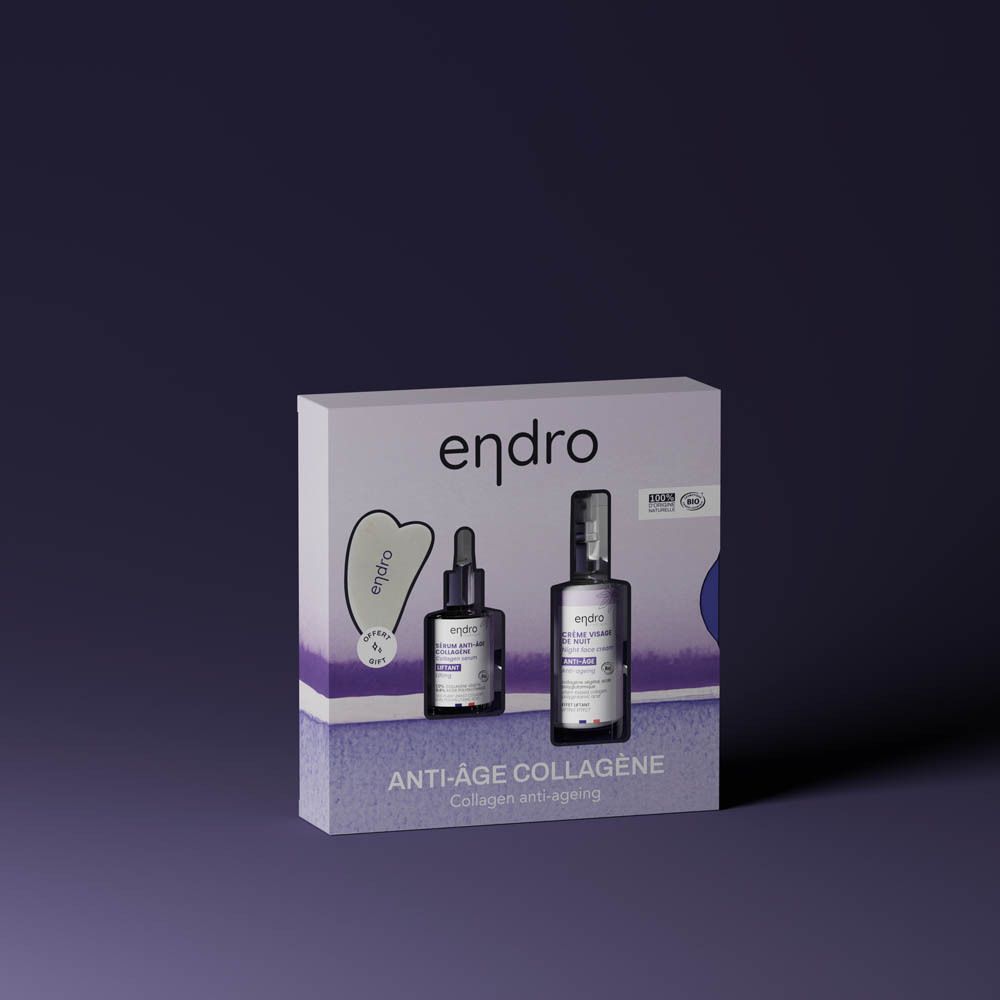 Cadeauset met serum, nachtcrème en Gua Sha. Verpakking met productnaam en logo. Bio-certificering.