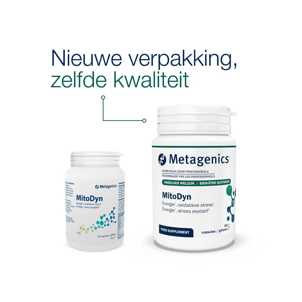Twee flessen Metagenics MitoDyn. Een kleine en een grote. Opschrift: Nieuwe verpakking, zelfde kwaliteit.