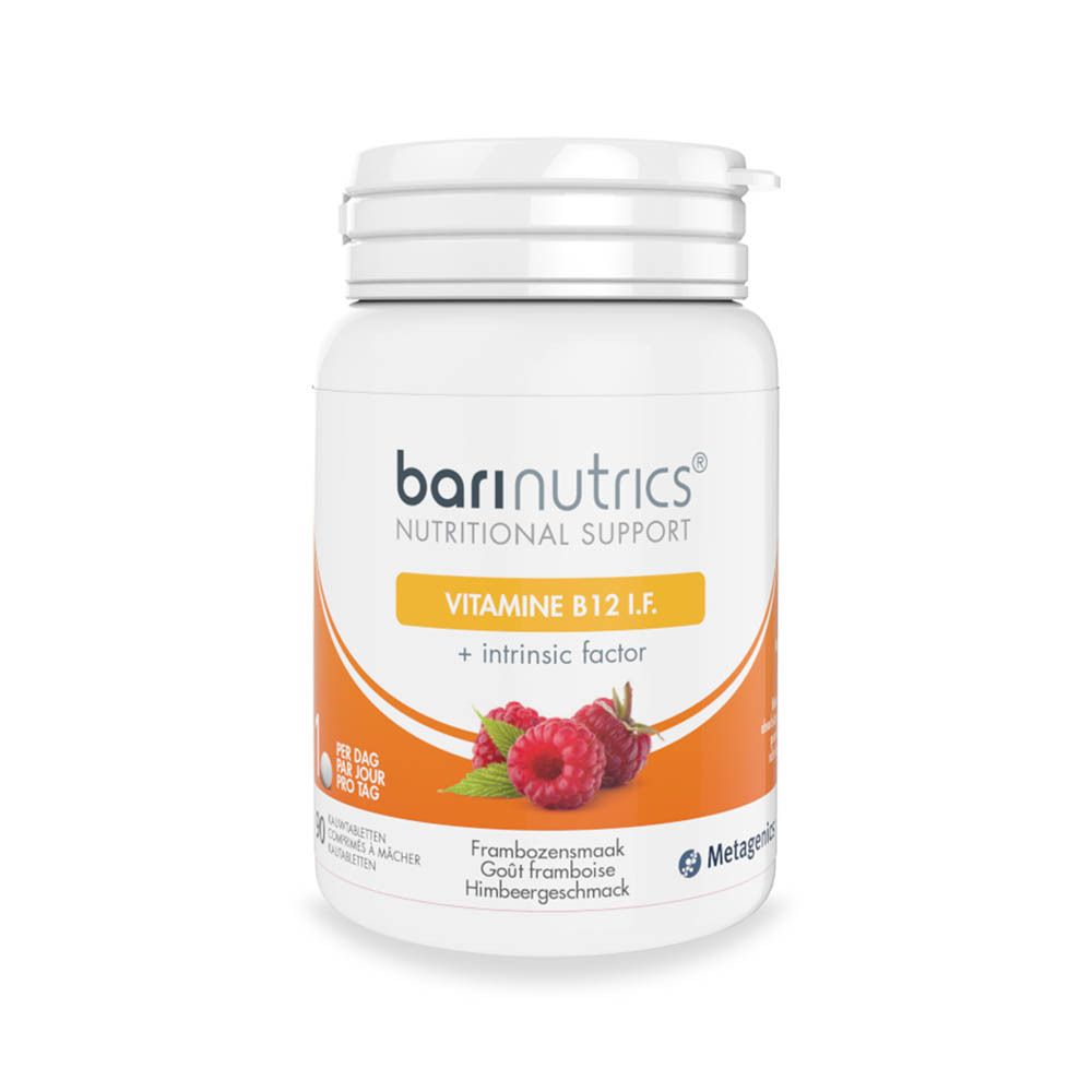 Flacon blanc BariNutrics Nutritional Support. Inscription: Vitamine B12 I.F. Goût framboise. Logo Metagenics.
