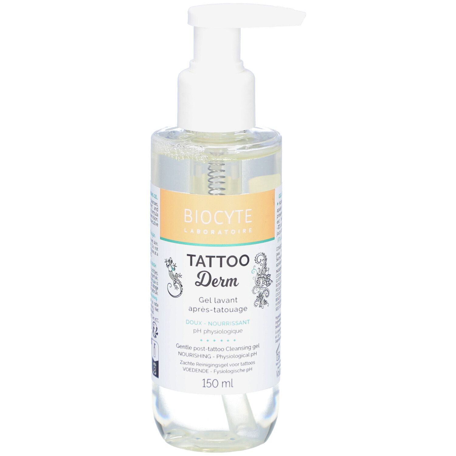 Transparante fles met witte pomp. Opschrift: Biocyte, Tattoo Derm, Gel Lavant. Inhoud: 150 ml.