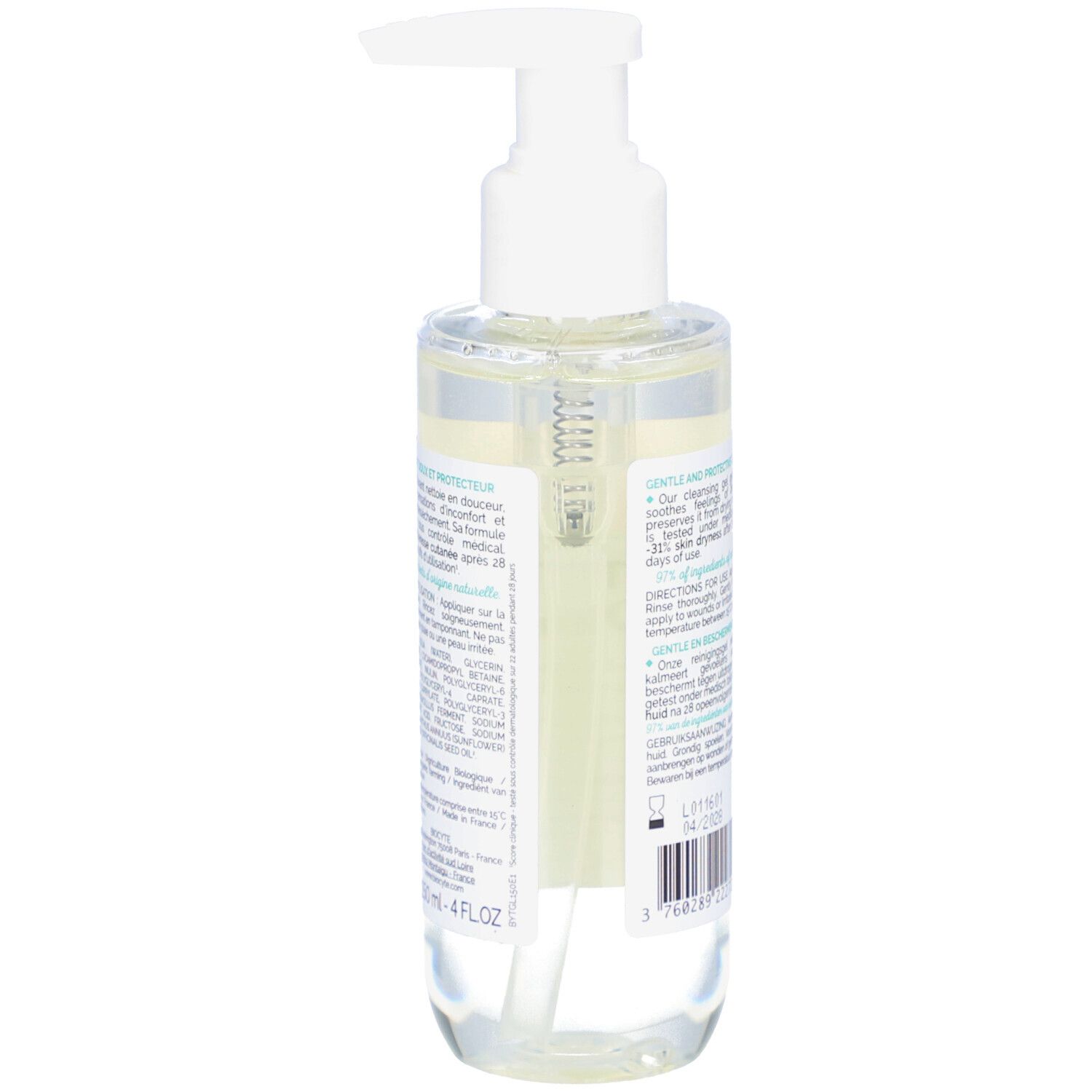 Achteraanzicht van de fles. Tekst en barcode zichtbaar. Volume: 4 FL.OZ.