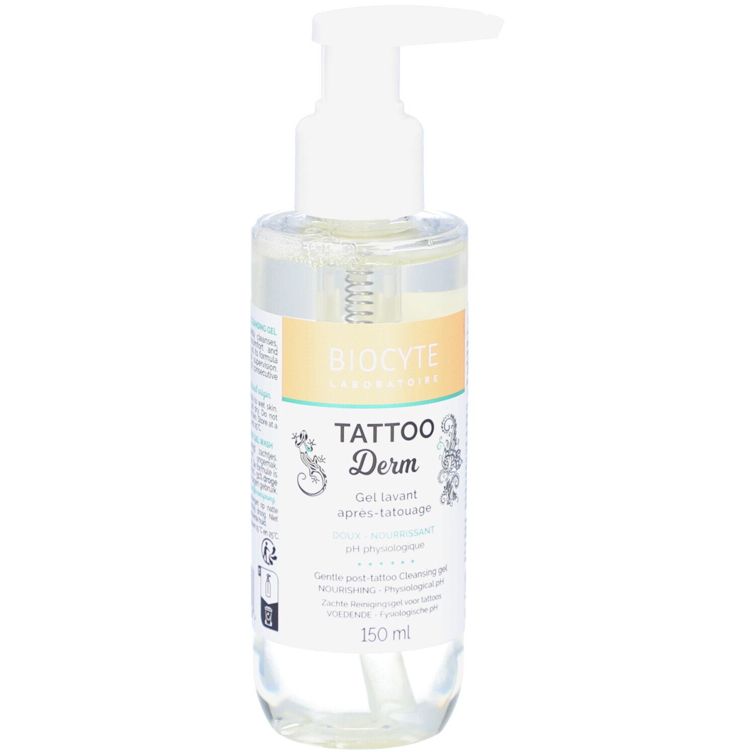 Transparante fles met witte pomp. Opschrift: Biocyte, Tattoo Derm, Gel Lavant. Inhoud: 150 ml.