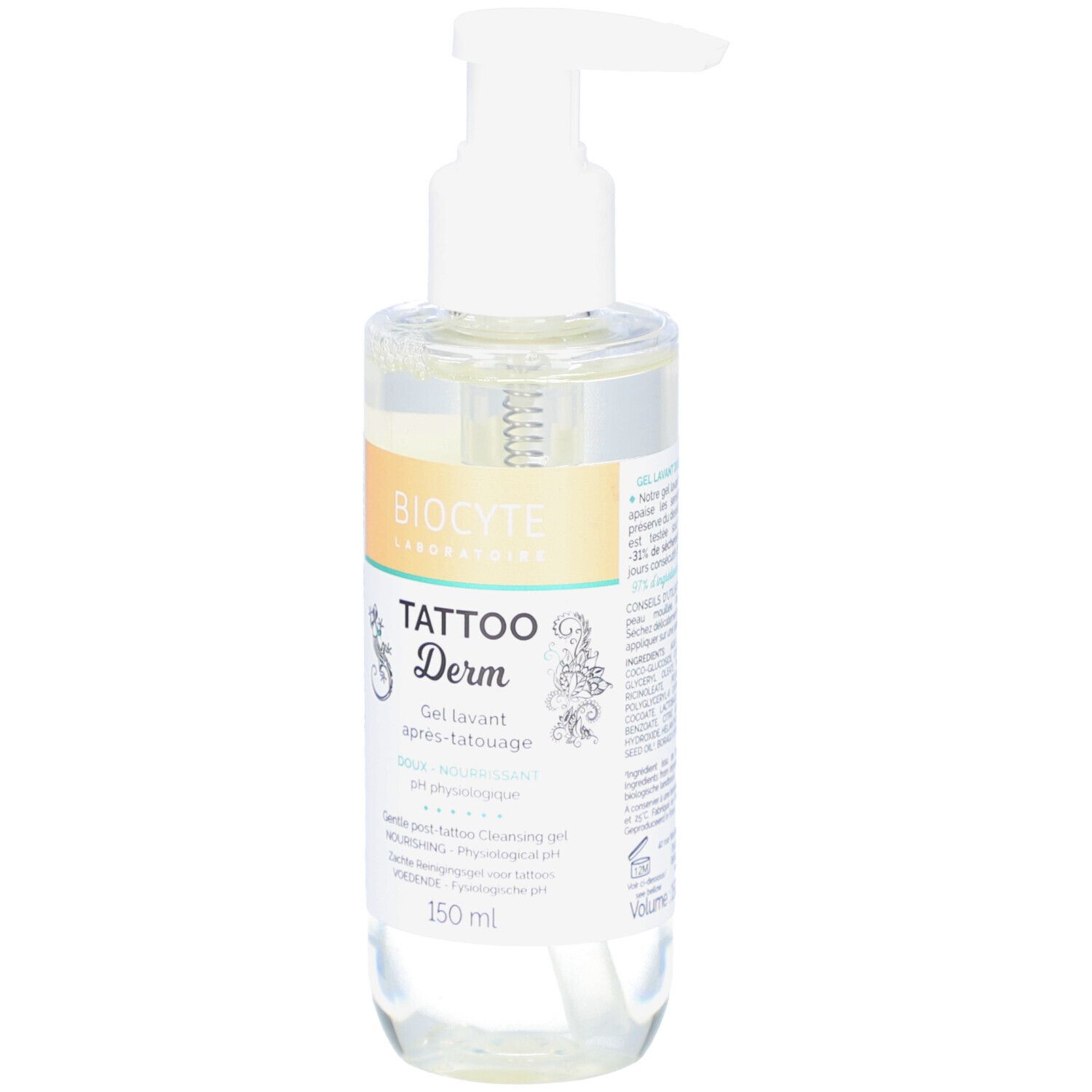 Transparante fles met witte pomp. Opschrift: Biocyte, Tattoo Derm, Gel Lavant. Inhoud: 150 ml.