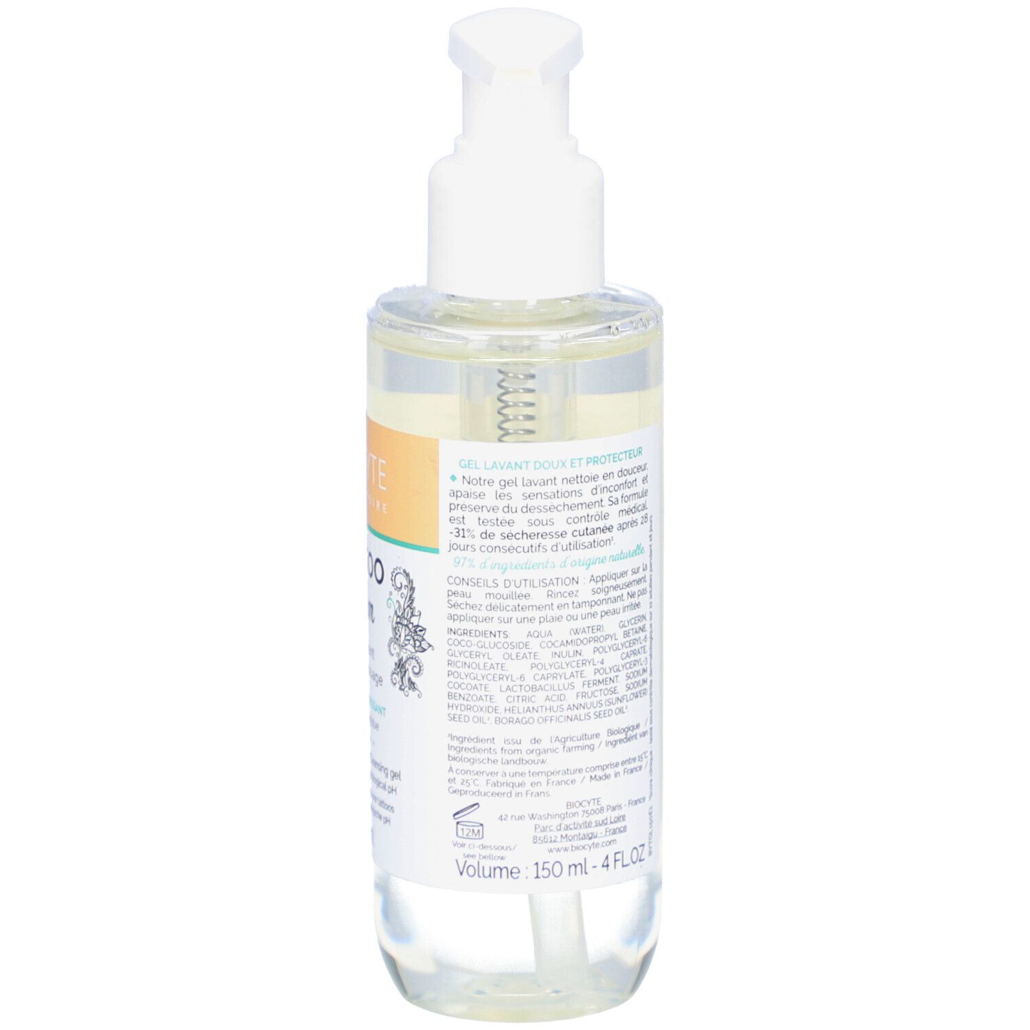 Achterkant van de fles met tekst. Bevat informatie over het product en ingrediënten. Volume: 150 ml - 4 FL.OZ.