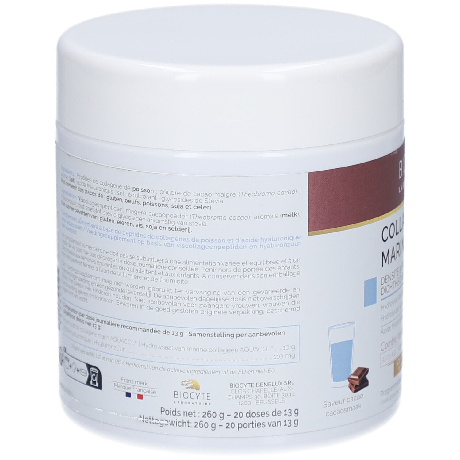 Dos du pot blanc. Informations textuelles et liste des ingrédients. Marque: Biocyte.