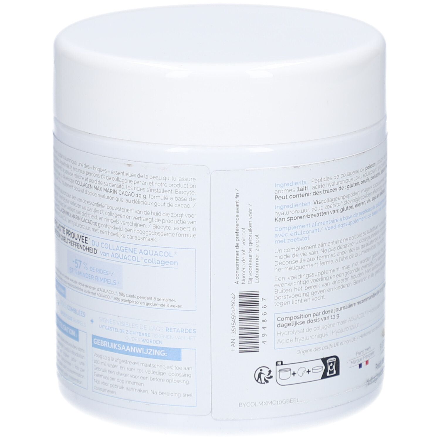 Dos du pot blanc. Informations textuelles et mode d'emploi. Marque: Biocyte.